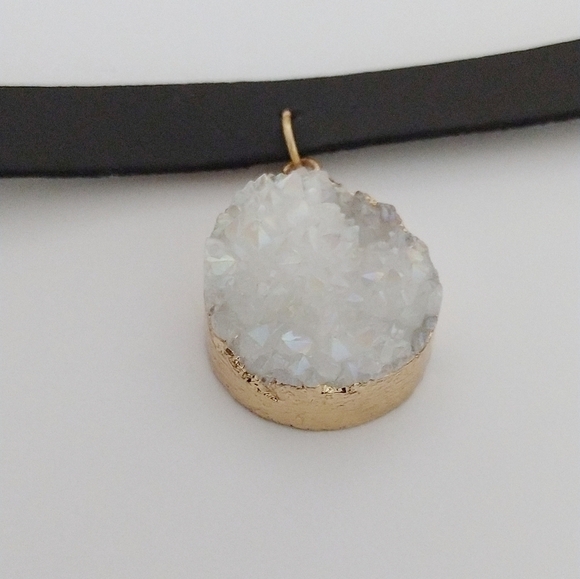 White/Black Leather Druzy Choker Necklace - Picture 3 of 6